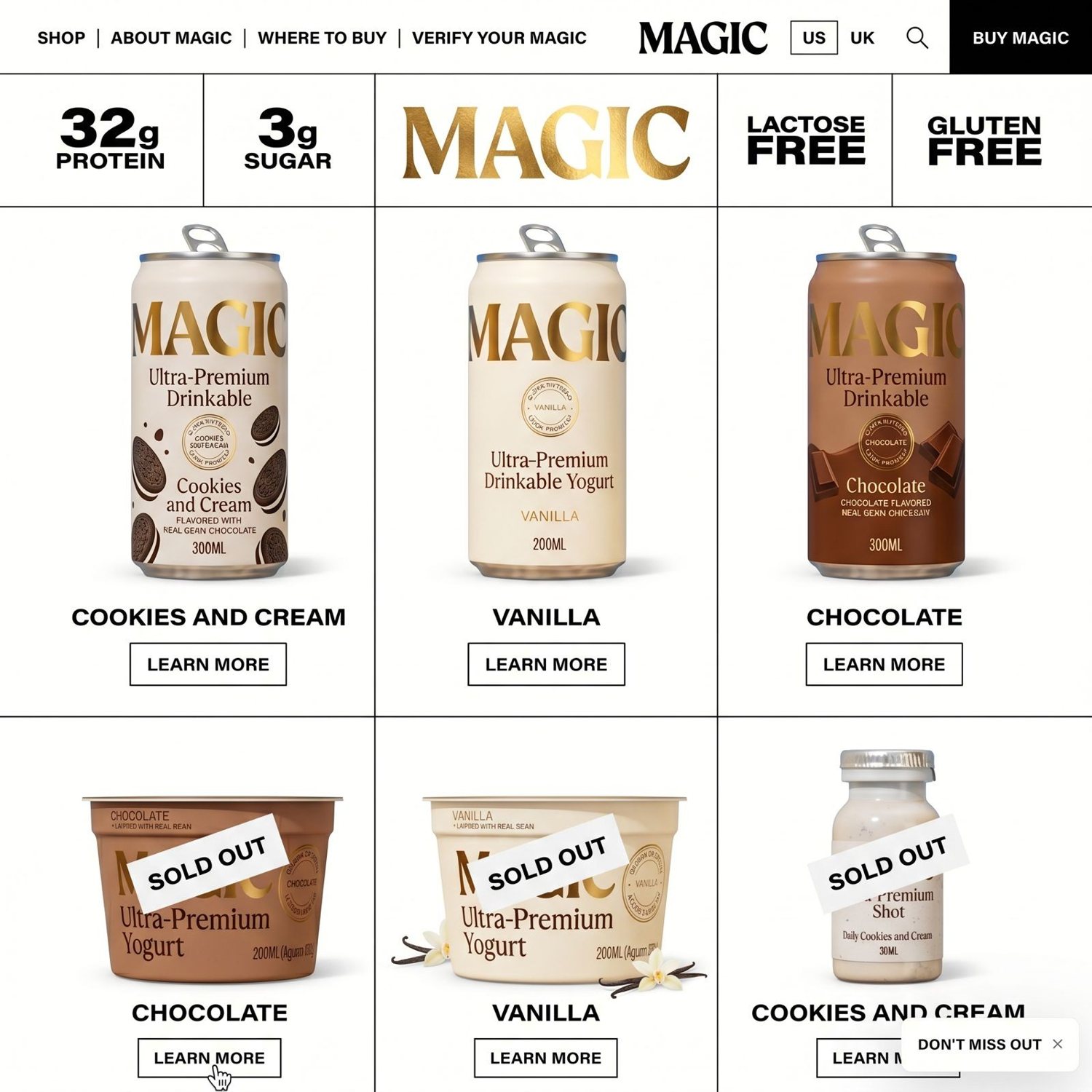 The full MAGIC line — tubs, cups, drinkable cans and shots on a wafer ledge against royal blue